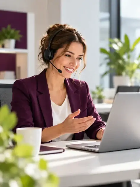 Freundliche Mitarbeiterin mit Headset sitzt an einem Laptop in einem modernen Büro und unterstützt Kunden bei Fragen und Anliegen.