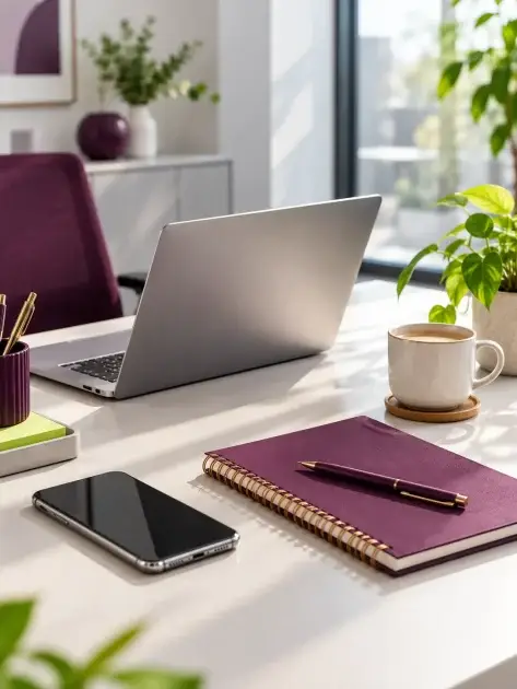 Heller Schreibtisch mit Laptop, Notizbuch, Stift und Kaffeetasse in einer modernen Büroumgebung als Symbol für Kontakt und Kommunikation.