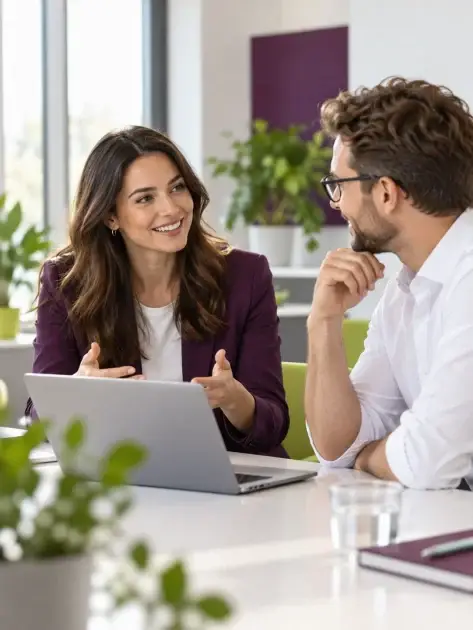 Zwei Personen sprechen in einem modernen Büro miteinander an einem Laptop und stehen für persönliche Beratung und professionellen Austausch.