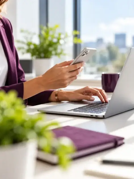 Person nutzt gleichzeitig Smartphone und Laptop an einem hellen Arbeitsplatz und symbolisiert digitale Kontaktaufnahme und moderne Kommunikation.