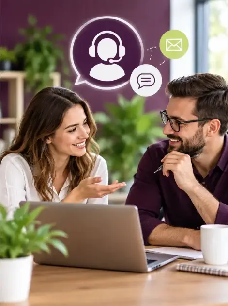 Zwei Personen tauschen sich freundlich an einem Laptop aus und besprechen Fragen, hilfreiche Informationen und Kontaktmöglichkeiten bei Imbu-protect.